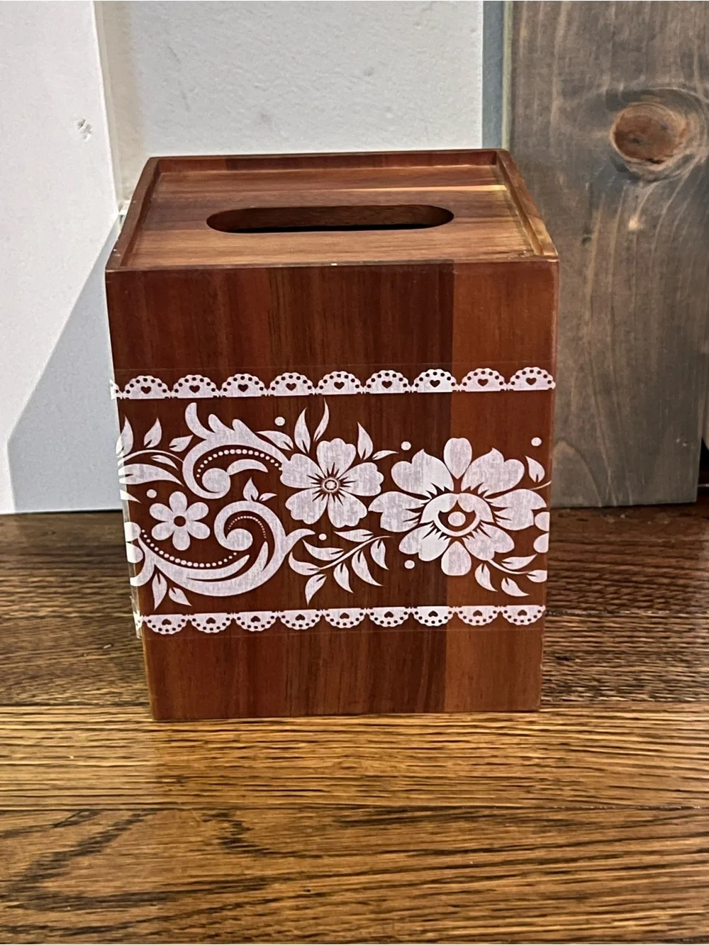 Hearth & Hand Brown Wood Tissue Box Cover with White Floral Band